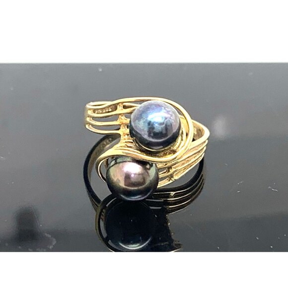 Estate Jewelry - Black Purple Pearl Cocktail Ring 14k Yellow Gold Estate Jewelry Women's Size 6.5